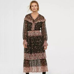 H&M Dark Floral Dress Black Red Tier Maxi Ruffle Long Sleeve Prairie